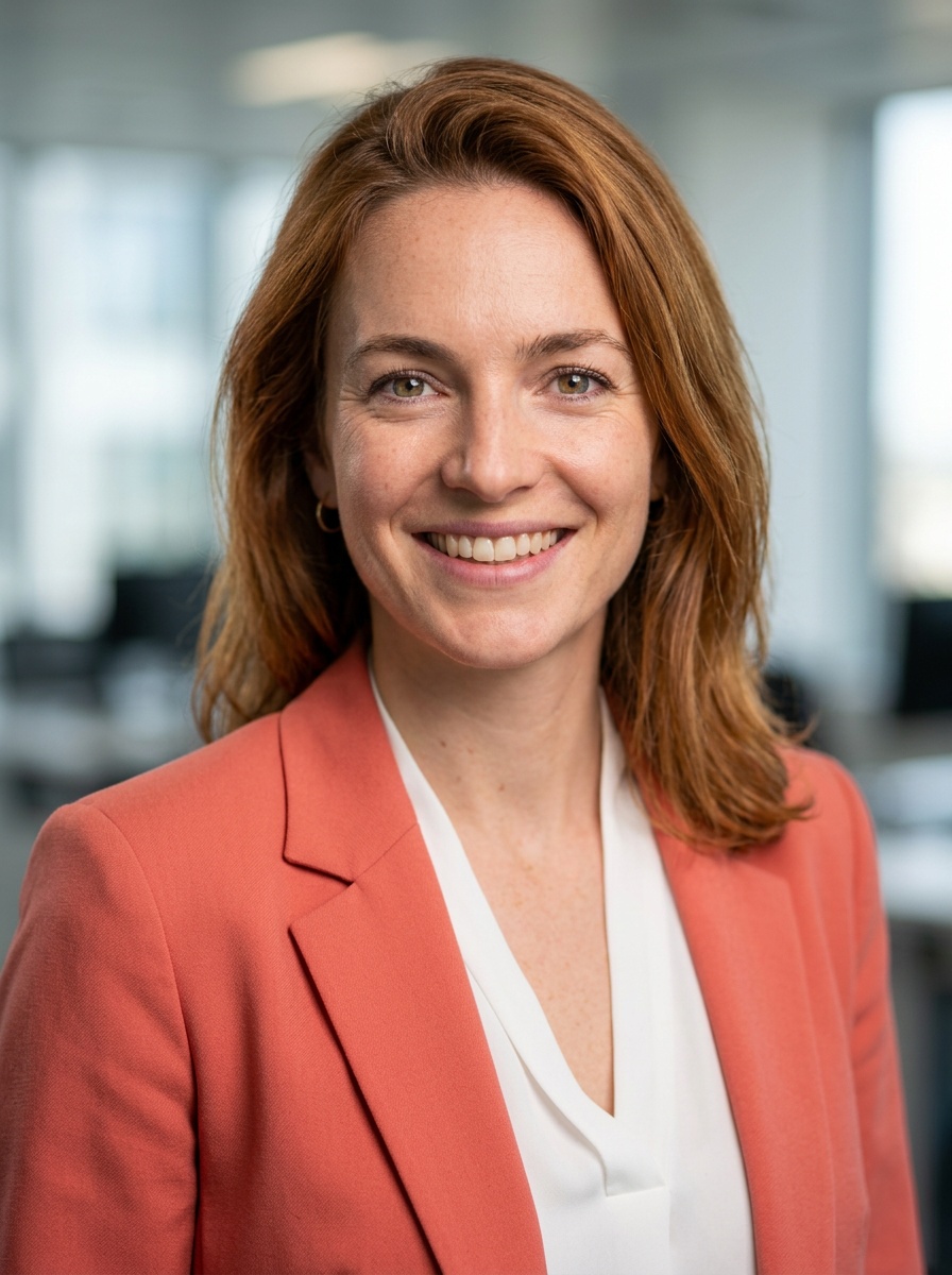 Professional AI LinkedIn headshot in Coral blazer over white blouse on Lobby (corporate lobby)