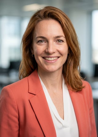 Professional AI LinkedIn headshot in Coral blazer over white blouse on Lobby (corporate lobby)