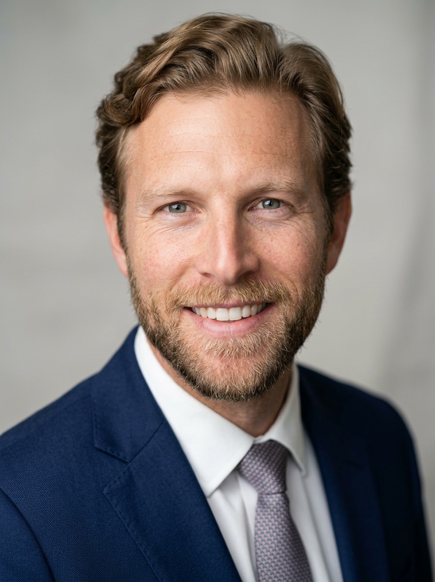 Professional AI LinkedIn headshot in Navy blazer with light blue shirt on Neutral Gradient / Light Grey