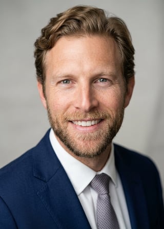 Professional AI LinkedIn headshot in Navy blazer with light blue shirt on Neutral Gradient / Light Grey