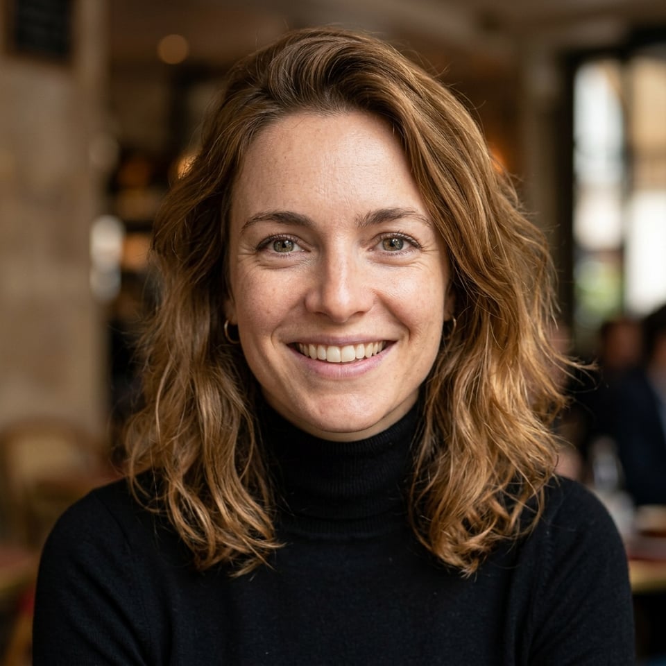 Professional AI LinkedIn headshot in Fitted black turtleneck on Cafe (warm professional)