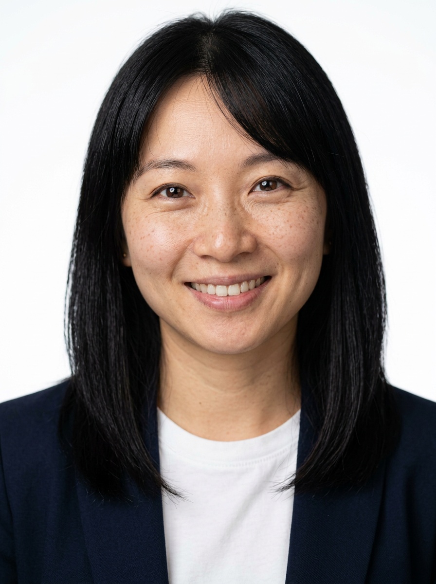 Professional AI LinkedIn headshot in Open navy blazer over simple white tee (tech-casual) on White / Pure White Studio