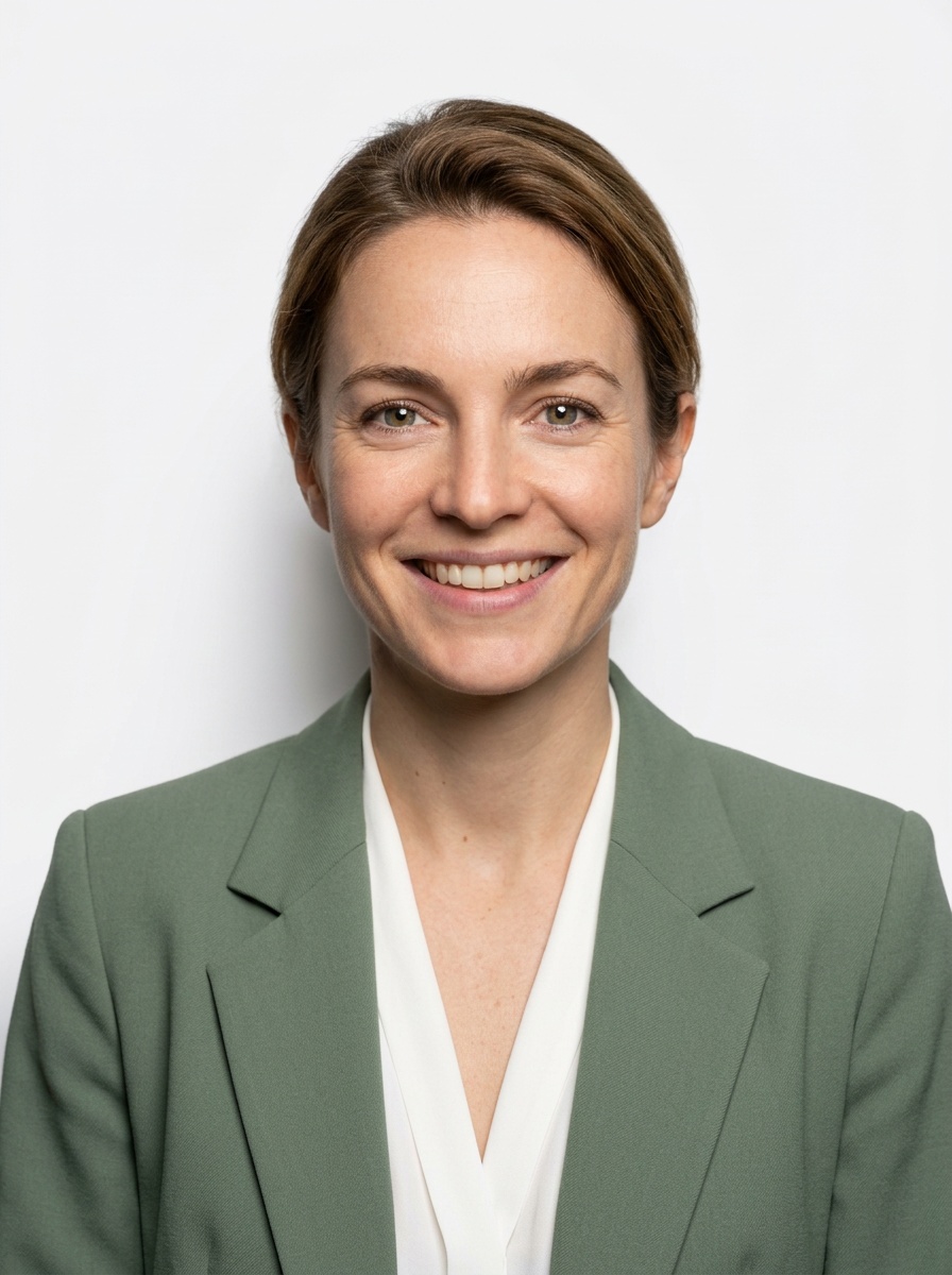 Professional AI LinkedIn headshot in Sage green blazer with white blouse (2026 trend) on White / Pure White Studio