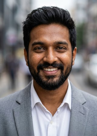 Professional AI LinkedIn headshot in Light gray blazer on Streets (subtle city)