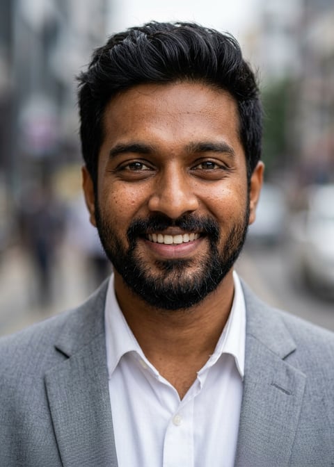 Professional AI LinkedIn headshot in Light gray blazer on Streets (subtle city)