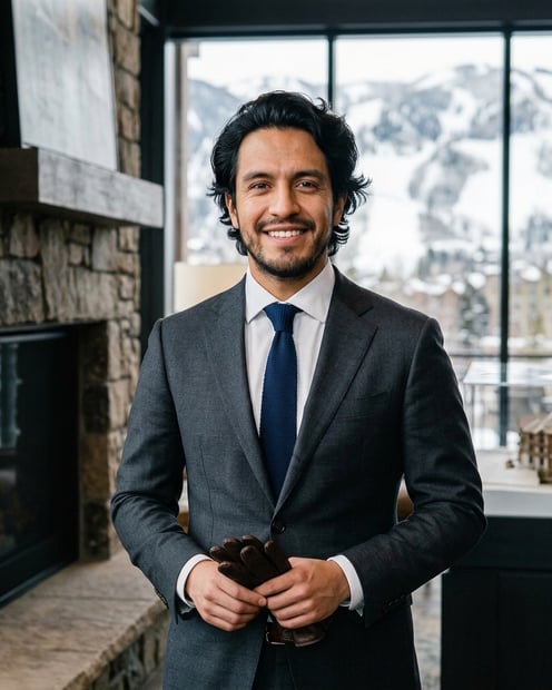 Mountain New Development Sales Gallery · Charcoal Suit with Winter Neutral Layer headshot example