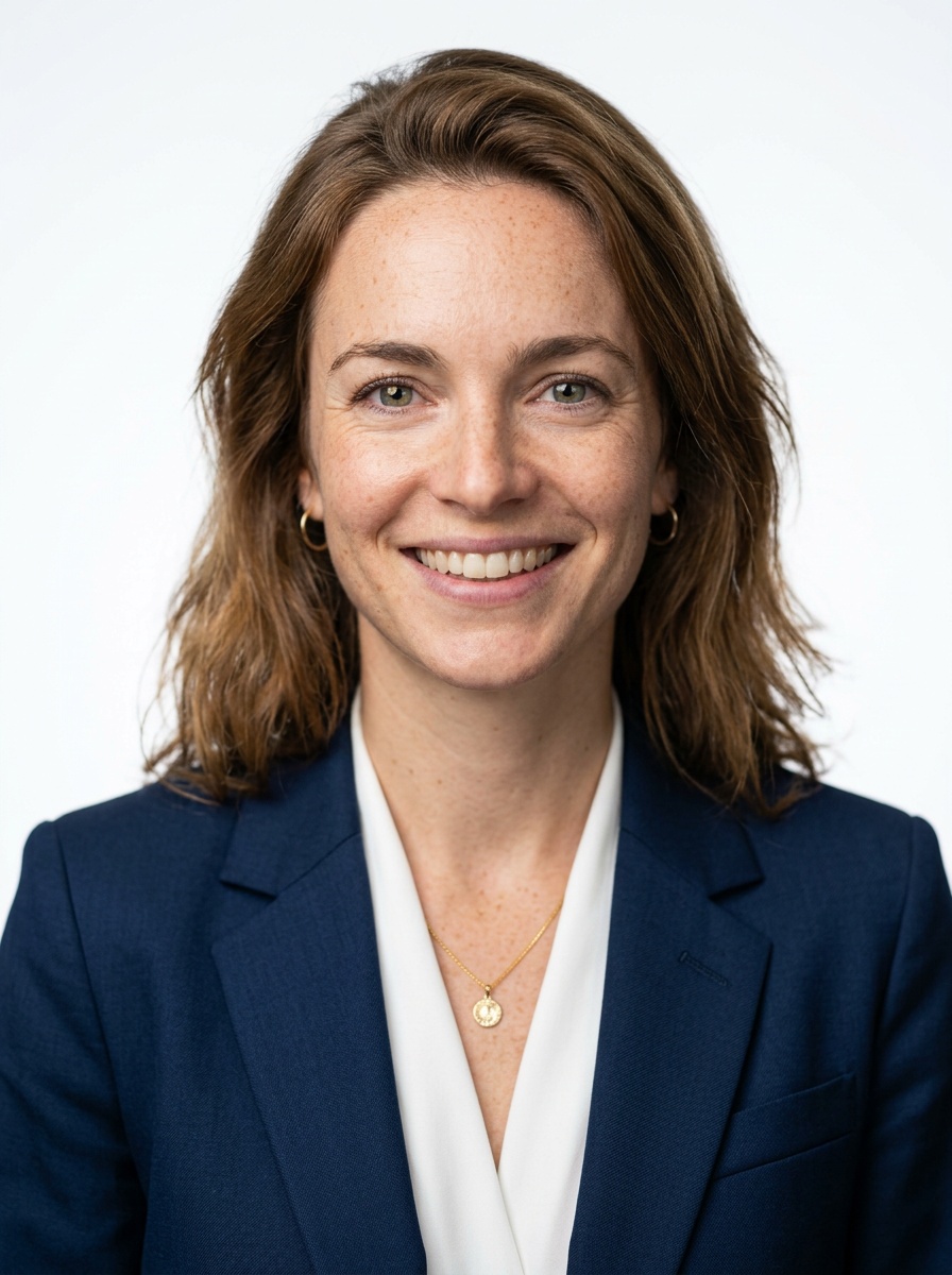 Professional AI LinkedIn headshot in Dark blue tailored suit on White / Pure White Studio