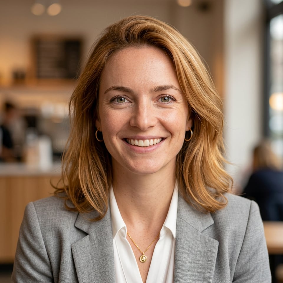 Professional AI LinkedIn headshot in Light gray blazer on Cafe (warm professional)