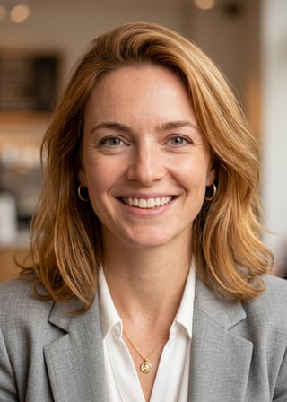 Professional AI LinkedIn headshot in Light gray blazer on Cafe (warm professional)