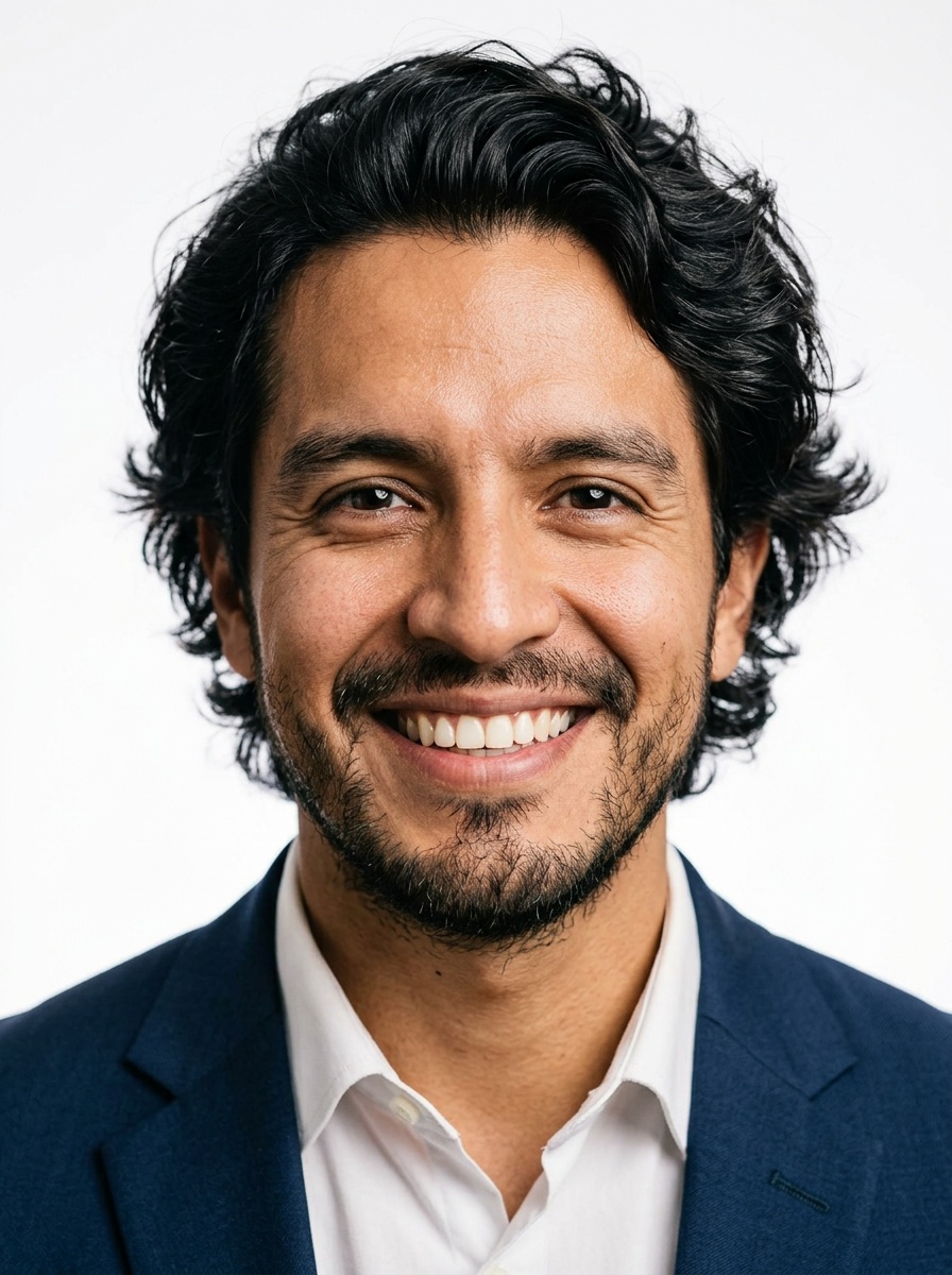 Professional AI LinkedIn headshot in Navy tailored suit on White / Pure White Studio