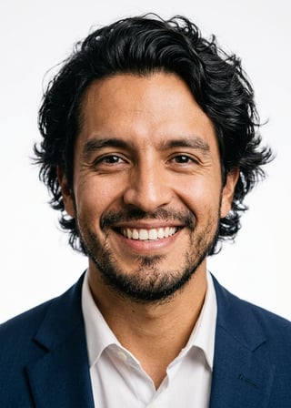 Professional AI LinkedIn headshot in Navy tailored suit on White / Pure White Studio