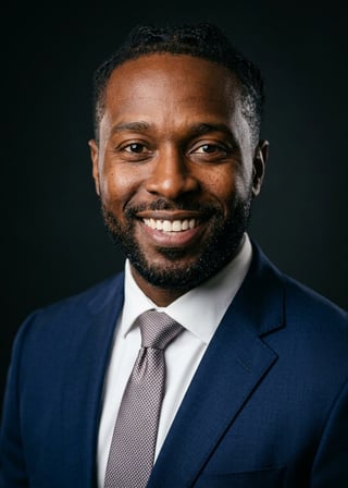 Professional AI LinkedIn headshot in Navy tailored suit on Dark / Dramatic Dark