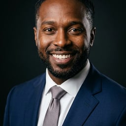 Professional AI LinkedIn headshot in Navy tailored suit on Dark / Dramatic Dark