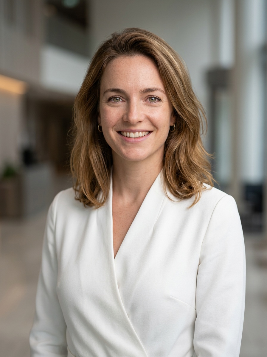 Professional AI LinkedIn headshot in White wrap dress on Lobby (corporate lobby)