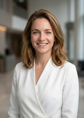 Professional AI LinkedIn headshot in White wrap dress on Lobby (corporate lobby)