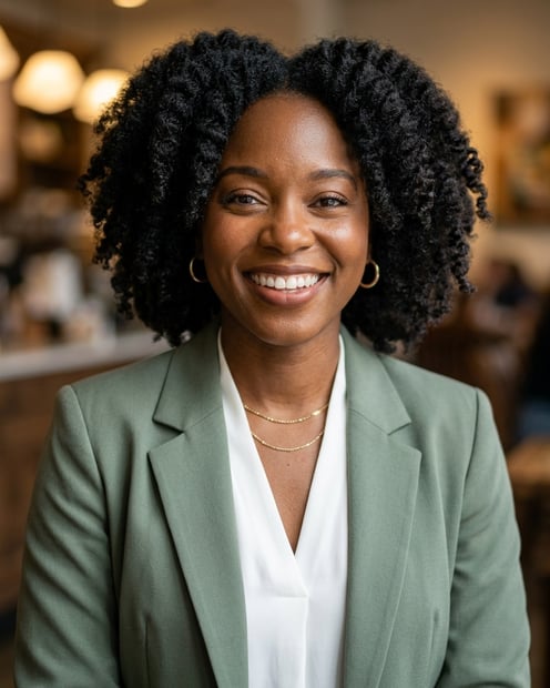 Cafe · Sage green blazer with white blouse headshot example
