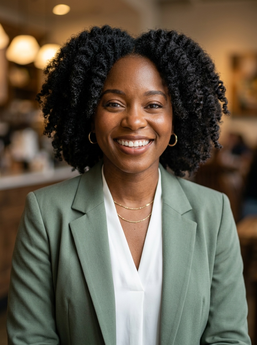 Professional AI LinkedIn headshot in Sage green blazer with white blouse (2026 trend) on Cafe (warm professional)