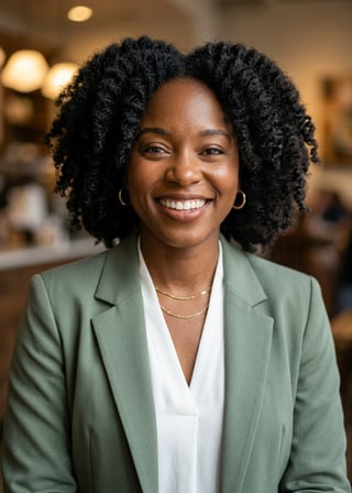 Professional AI LinkedIn headshot in Sage green blazer with white blouse (2026 trend) on Cafe (warm professional)