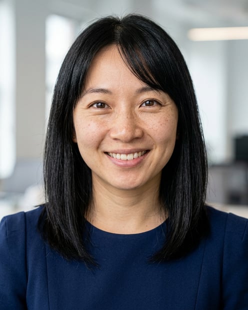Office / Modern Office Workspace · Navy blue sleeveless dress headshot example