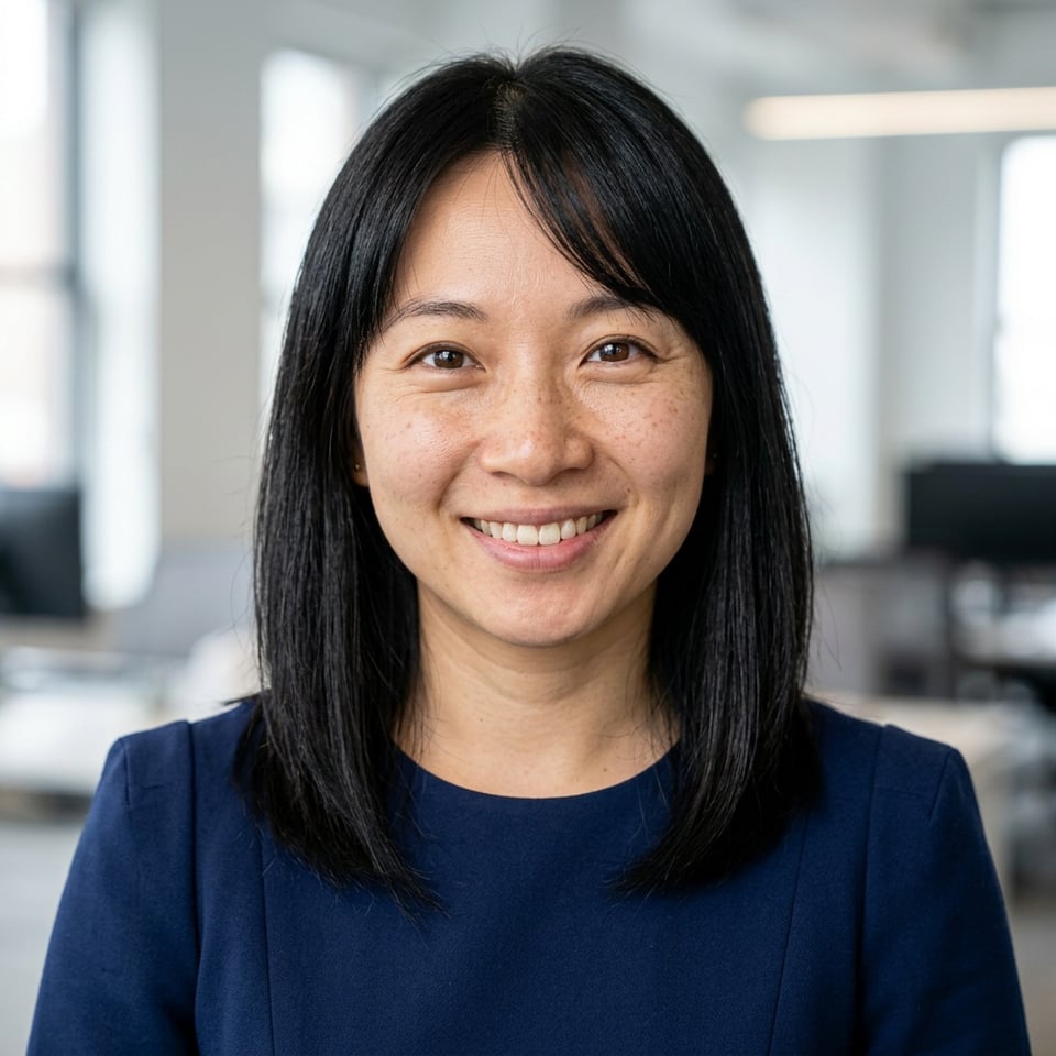 Professional AI LinkedIn headshot in Navy blue sleeveless dress on Office / Modern Office Workspace