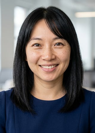 Professional AI LinkedIn headshot in Navy blue sleeveless dress on Office / Modern Office Workspace
