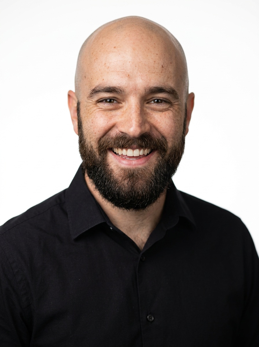 Professional AI LinkedIn headshot in Black long-sleeve button-up (variant) on White / Pure White Studio