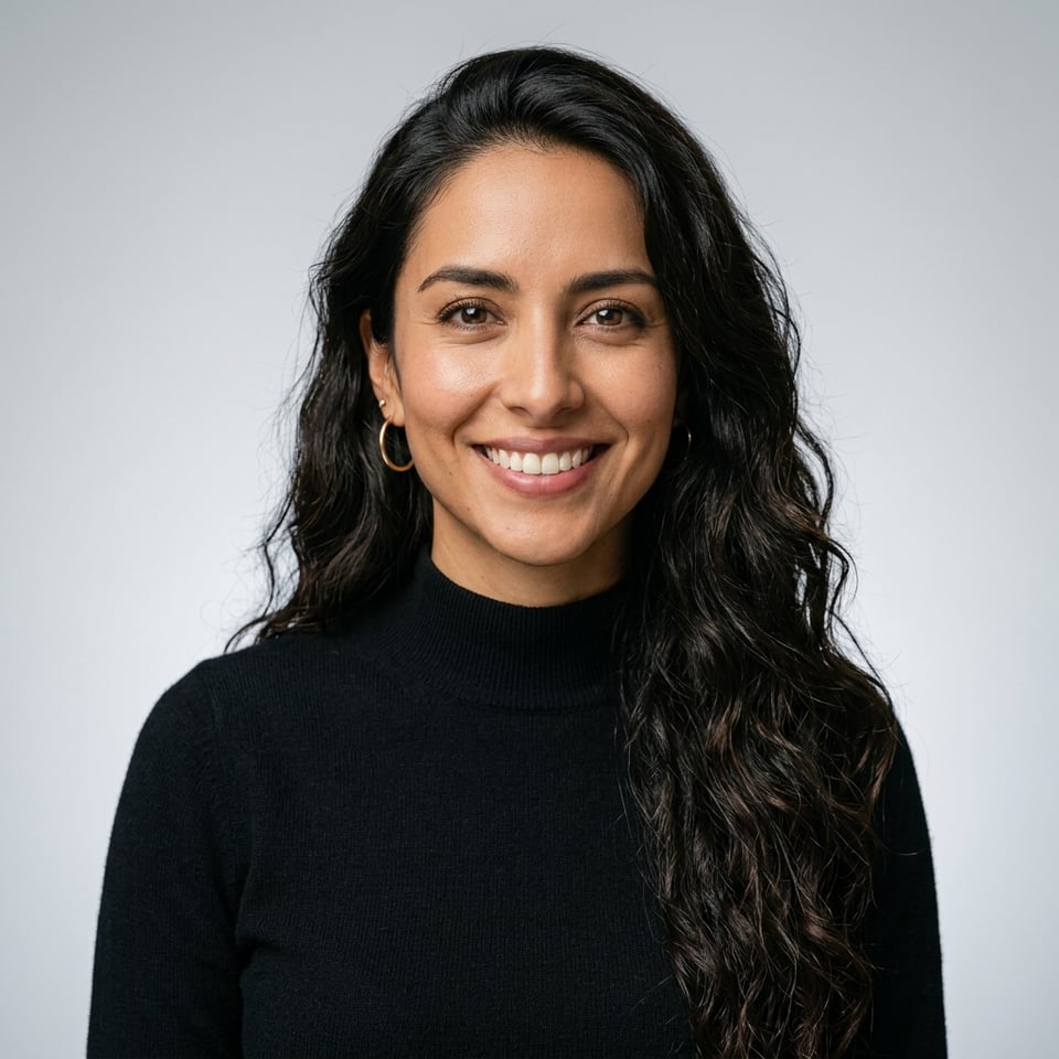 Professional AI LinkedIn headshot in Black mock turtleneck on Neutral Gradient / Light Grey