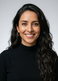 Professional AI LinkedIn headshot in Black mock turtleneck on Neutral Gradient / Light Grey