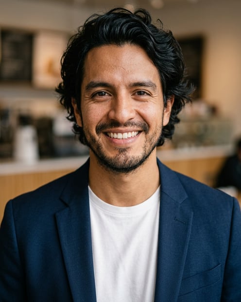 Cafe · Open navy blazer over simple white tee headshot example