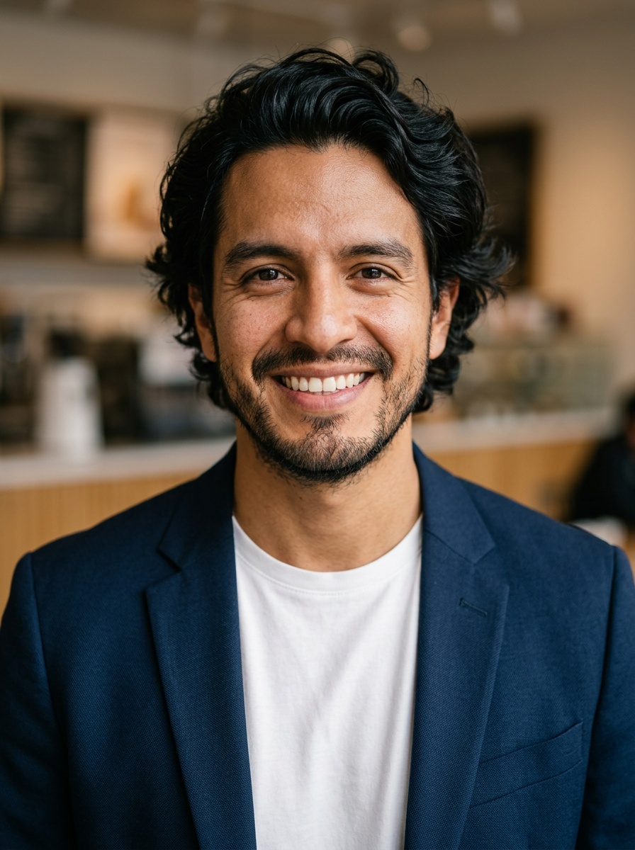 Professional AI LinkedIn headshot in Open navy blazer over simple white tee (tech-casual) on Cafe (warm professional)