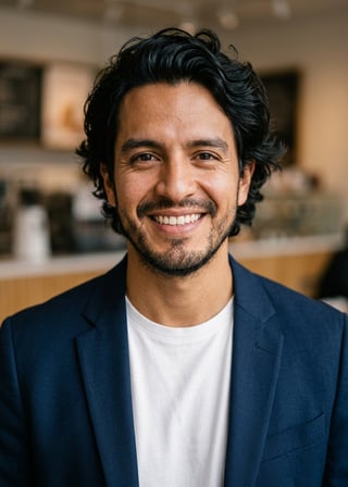 Professional AI LinkedIn headshot in Open navy blazer over simple white tee (tech-casual) on Cafe (warm professional)