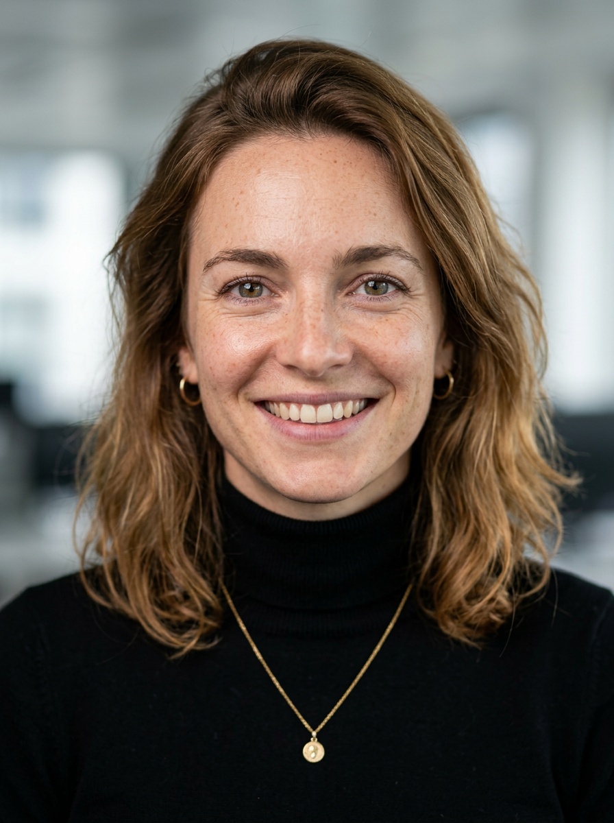Professional AI LinkedIn headshot in Fitted black turtleneck on Office / Modern Office Workspace