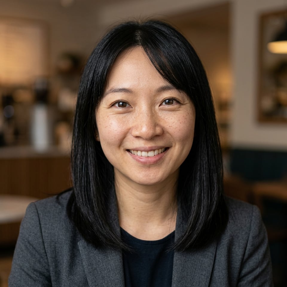 Professional AI LinkedIn headshot in Charcoal gray blazer on Cafe (warm professional)
