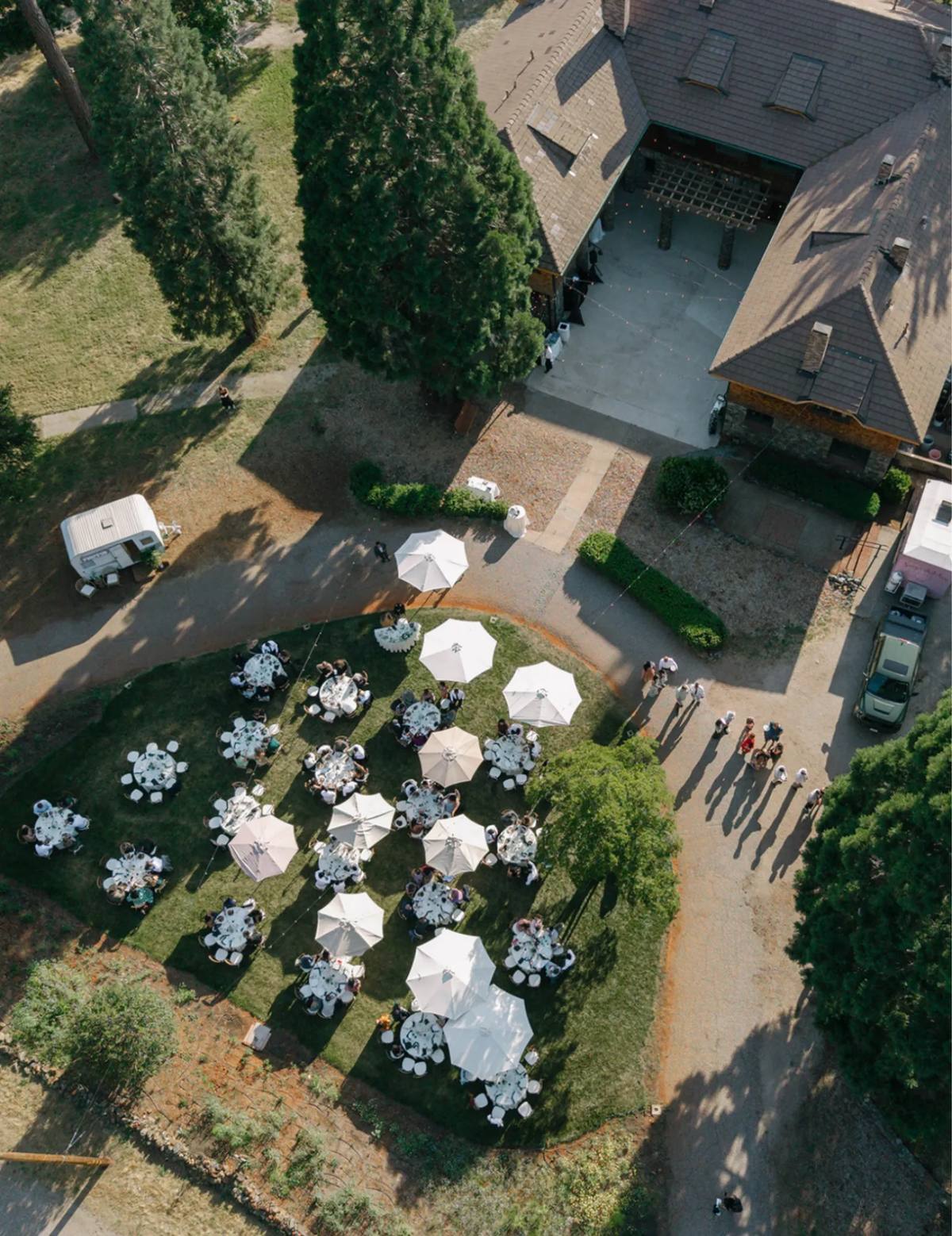Aerial view of a wedding reception set up on the East Lawn