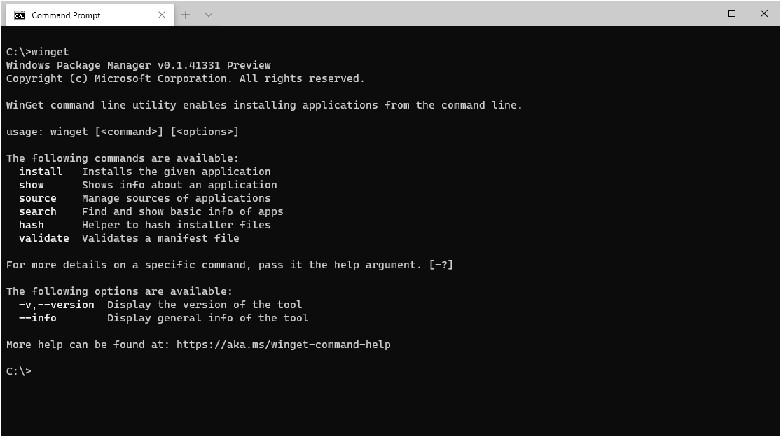Prompt de comando do Windows executando winget search, com uma tabela listando nome, ID, versão e origem dos pacotes disponíveis.