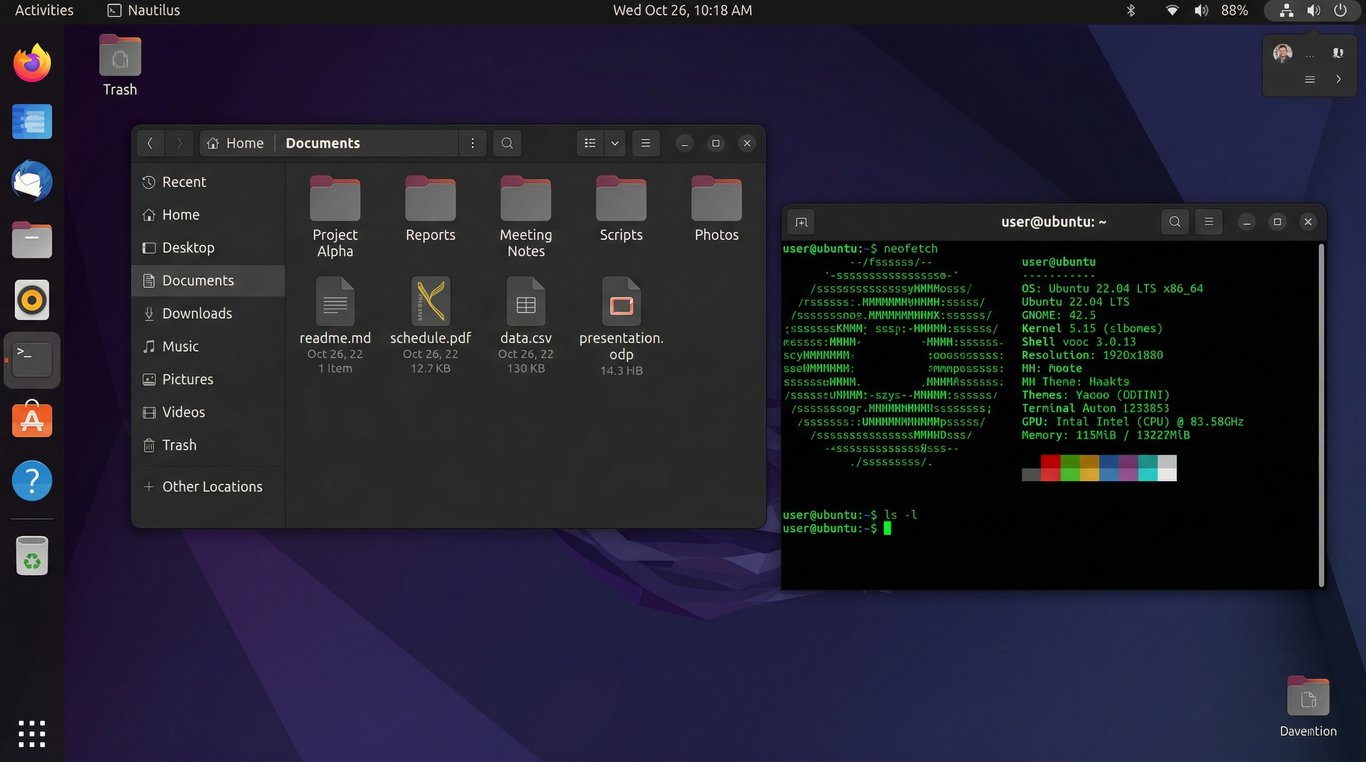 Área de trabalho do Ubuntu 24.04 com o ambiente gráfico GNOME. O gerenciador de arquivos Nautilus está aberto e o terminal também.