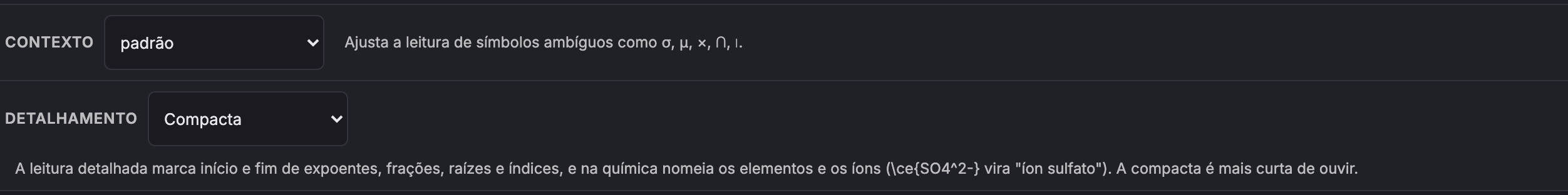 Dois seletores rotulados Contexto e Detalhamento, com textos de ajuda ao lado.