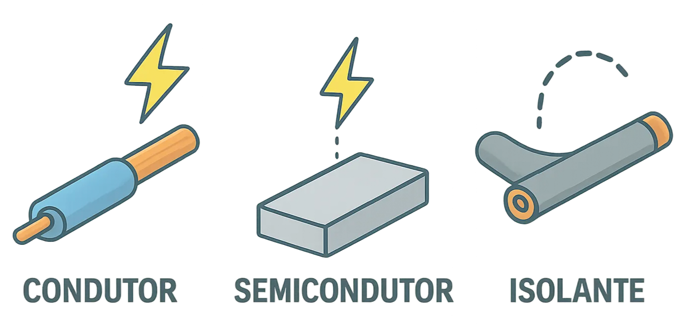 Ilustração comparando condutor, semicondutor e isolante com símbolos de eletricidade.