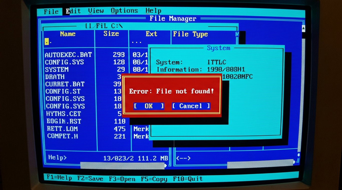 Monitor CRT antigo exibindo a interface azul de um gerenciador de arquivos clássico em modo texto, com uma caixa de alerta vermelha no centro dizendo Error: File not found.