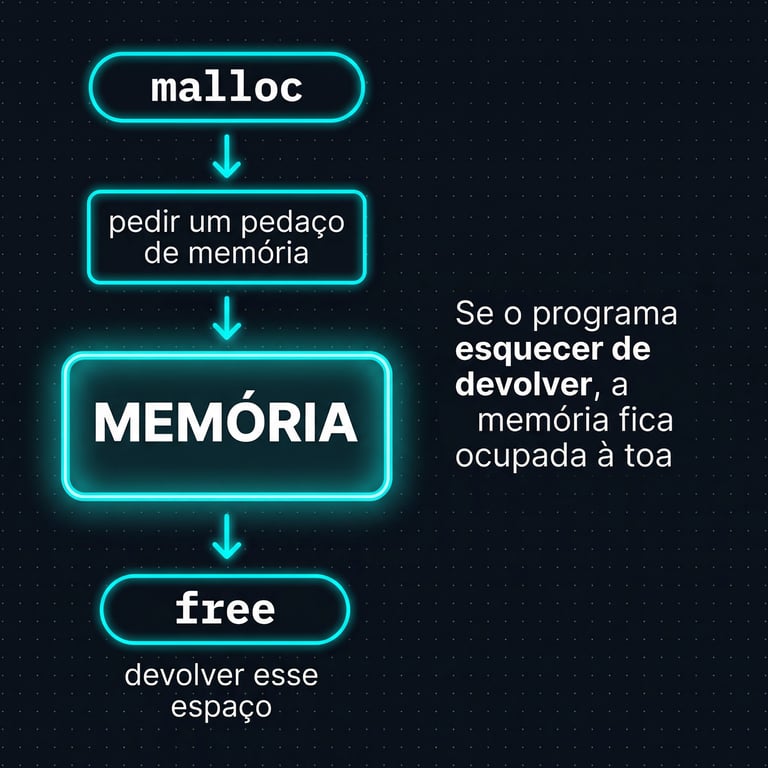 Fluxograma que explica a alocação de memória dinâmica. O processo começa com a chamada malloc, seguida por pedir um pedaço de memória. Uma vez alocada na MEMÓRIA, a memória é devolvida pela chamada free. Uma nota lateral destaca que se a memória não for devolvida, ela fica ocupada à toa, um problema conhecido como vazamento de memória.