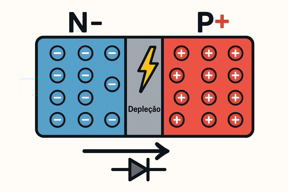 Uma seção P+ vermelha, com cargas positivas (lacunas), está à direita. Uma faixa central cinza clara, rotulada Depleção e com um raio, separa as duas seções. Abaixo, há uma seta indicando o sentido da corrente e o símbolo de um diodo.