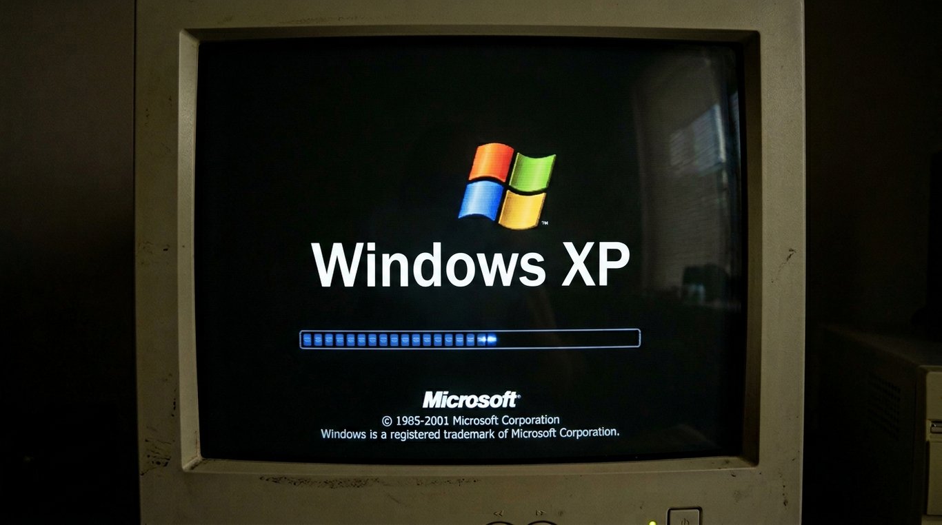 Monitor CRT antigo exibindo a clássica tela preta de carregamento do Windows XP, com o logotipo colorido e a barra de progresso azul.
