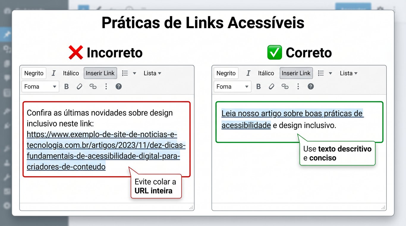 Comparativo de links acessíveis: o método incorreto exibe uma URL longa colada diretamente no texto, enquanto o correto aplica o link em um texto descritivo e conciso, ocultando o endereço da web.