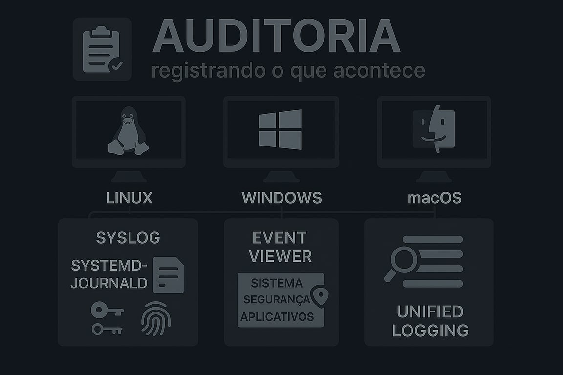 Diagrama que compara a auditoria de sistemas em Linux, Windows e macOS. O Linux, com seu pinguim mascote, é representado com os termos SYSLOG e SYSTEMD-JOURNALD, juntamente com ícones de chave e impressão digital. O Windows, com seu logo, é ilustrado com um bloco rotulado Event Viewer, que se ramifica em sistema, segurança e aplicativos. O macOS, com seu ícone, é representado por um ícone de lista com uma lupa, e o termo Unified Logging. O diagrama geral está sob o título Auditoria: registrando o que acontece.