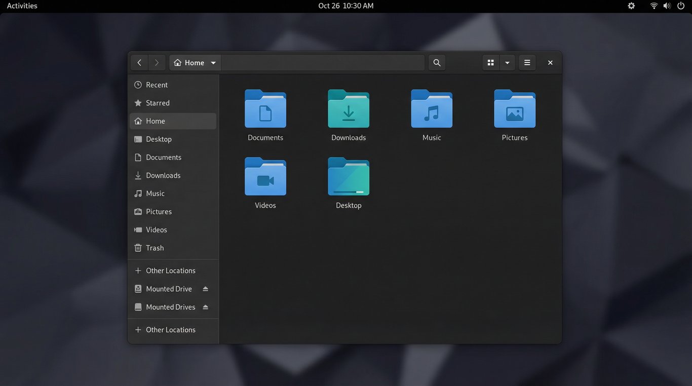 Captura de tela do ambiente de área de trabalho Linux GNOME em modo escuro, exibindo o gerenciador de arquivos Nautilus aberto no diretório Home.