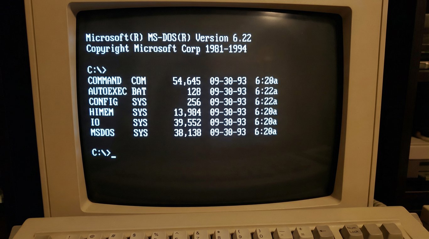 Monitor CRT antigo exibindo a interface de linha de comando clássica do sistema operacional MS-DOS, listando os arquivos básicos do sistema.