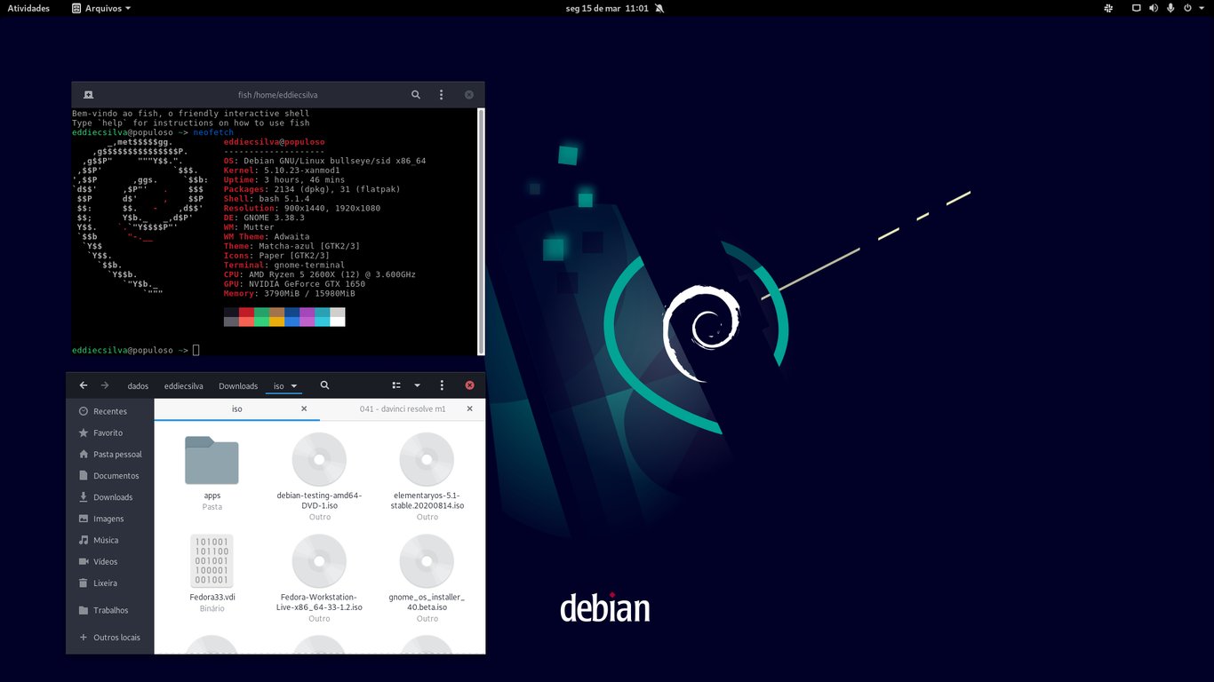 Área de trabalho do Debian com o terminal e o gerenciador de arquivos os dois abertos.