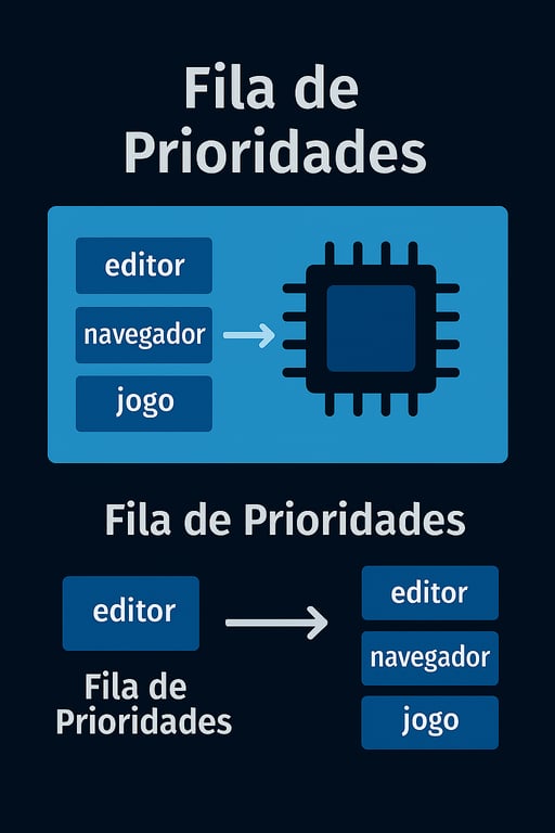 Diagrama que ilustra o conceito de Fila de Prioridades na alocação de tempo do processador. A parte superior mostra o processador no centro. Três blocos de aplicativos, editor, navegador e jogo, estão em uma fila, e uma seta indica que eles serão processados pelo processador. A parte inferior da imagem reforça o conceito, mostrando um bloco editor com prioridade sobre uma fila de outros aplicativos, incluindo navegador e jogo. O diagrama enfatiza que o processador atende aos aplicativos com base em uma fila priorizada.