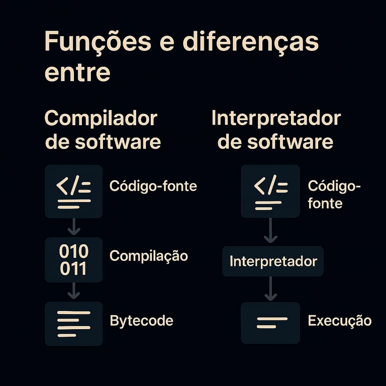 Diagrama em fundo escuro mostrando a diferença entre compilador e interpretador de software, desde o código-fonte até a execução.