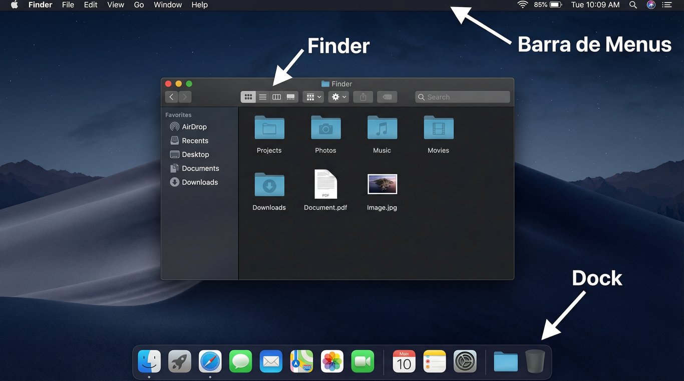 Tela do macOS com barra de menus superior, Dock inferior e janela do Finder aberta. Existem setas indicando a barra de menus, o Dock e o Finder, com legendas explicando os nomes de cada elemento.
